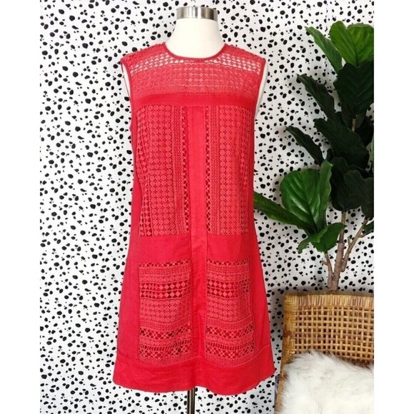J Crew Sz S Red Crochet Lace Shift Mini Dress Sundress Sleeveless - Picture 1 of 16
